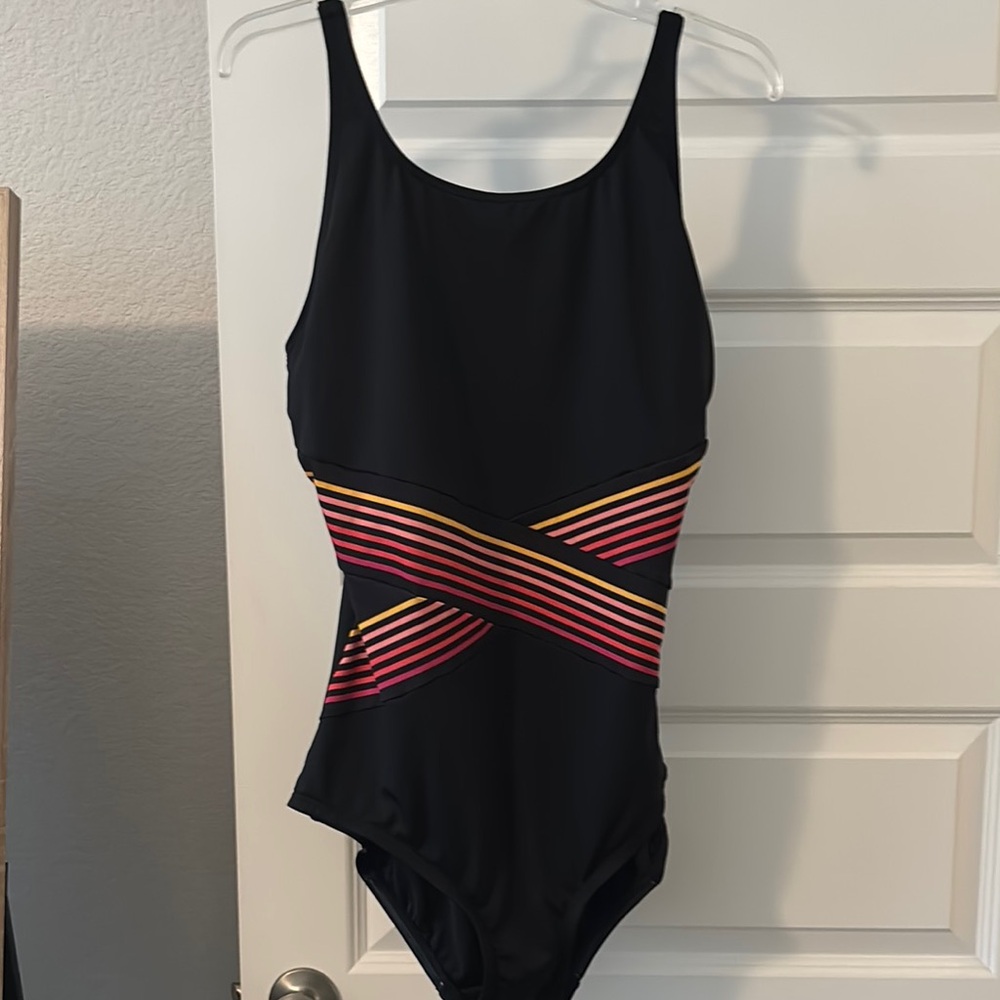 Gabar swimsuit one piece black stripes retro high neck SZ 18D adjustable straps